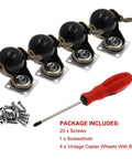 Smooth As Silk Vintage Caster Wheels With Locking Brake Set Of 4 Includes Mounting Hardware, displaying wheels, screws, and screwdriver.