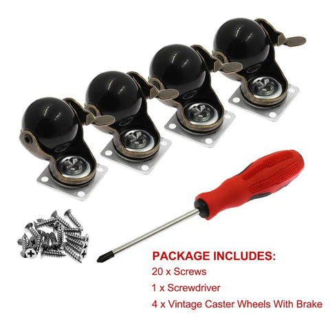 Smooth As Silk Vintage Caster Wheels With Locking Brake Set Of 4 Includes Mounting Hardware, displaying wheels, screws, and screwdriver.