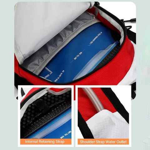 All Terrain Hydration Backpack With 2L Water Bladder Lightweight Outdoor Pack inside view showing bladder and water outlet