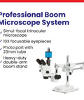 Dual Head Simul Focal Stereo Microscope With Lockable Zoom Pro Grade Build For Pros, 7x To 45x Magnification, Trinocular Eyepiece And Port Viewing, One And A Quarter Inch Wide Field, 4 Inch Working Distance, 3D Boom Stand For Flexible Positioning, white boom stand
