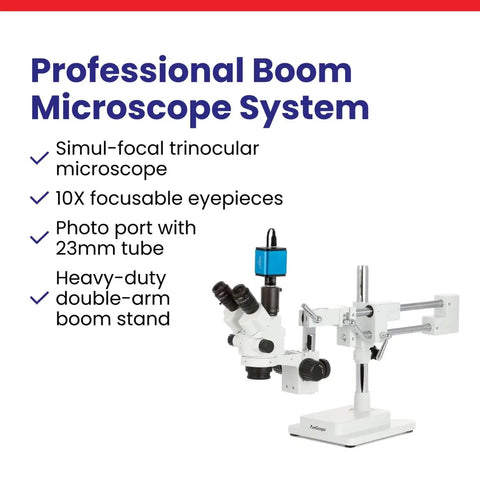 Dual Head Simul Focal Stereo Microscope With Lockable Zoom Pro Grade Build For Pros, 7x To 45x Magnification, Trinocular Eyepiece And Port Viewing, One And A Quarter Inch Wide Field, 4 Inch Working Distance, 3D Boom Stand For Flexible Positioning, white boom stand