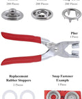 9.74mm Antique Brass Metal Snap Set With 200 Durable Snaps And 6 Inch Fastener Pliers For Clothing And Leather Crafting, Rust Resistant Alloy, Nickel And Lead Free, Colorfast And Machine Washable, showing contents including pliers and snap parts.