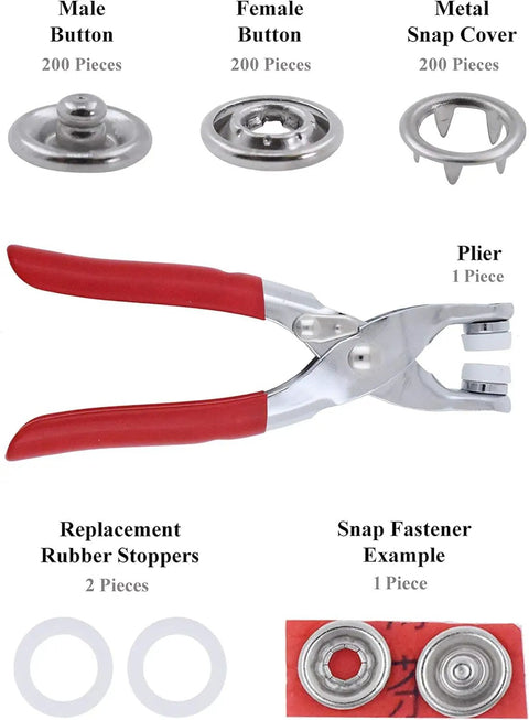 9.74mm Antique Brass Metal Snap Set With 200 Durable Snaps And 6 Inch Fastener Pliers For Clothing And Leather Crafting, Rust Resistant Alloy, Nickel And Lead Free, Colorfast And Machine Washable, showing contents including pliers and snap parts.