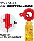 Innovative anti-dropping design on 12 Piece Crappie Jig Heads Kit With Hollow Scent Holder For Long Lasting Odor Attracting Fish Dual Side Hooks For Crappie And Bass Includes 1/16, 1/8, 3/16 Ounce Jigs In White Yellow Red shown with lock feature and red loop.