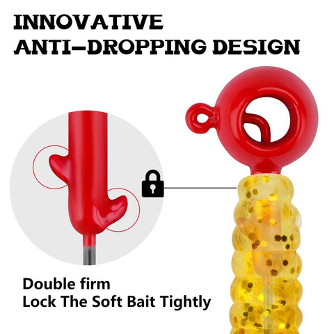 Innovative anti-dropping design on 12 Piece Crappie Jig Heads Kit With Hollow Scent Holder For Long Lasting Odor Attracting Fish Dual Side Hooks For Crappie And Bass Includes 1/16, 1/8, 3/16 Ounce Jigs In White Yellow Red shown with lock feature and red loop.