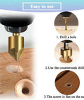 Six Piece 90 Degree HSS Countersink Drill Bit Set With One Quarter Inch Hex Shank For Wood, showing usage steps on wood
