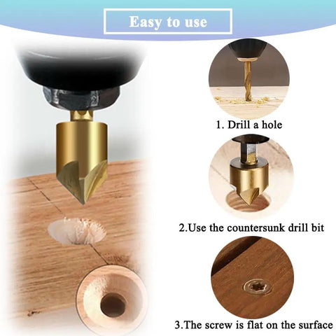 Six Piece 90 Degree HSS Countersink Drill Bit Set With One Quarter Inch Hex Shank For Wood, showing usage steps on wood