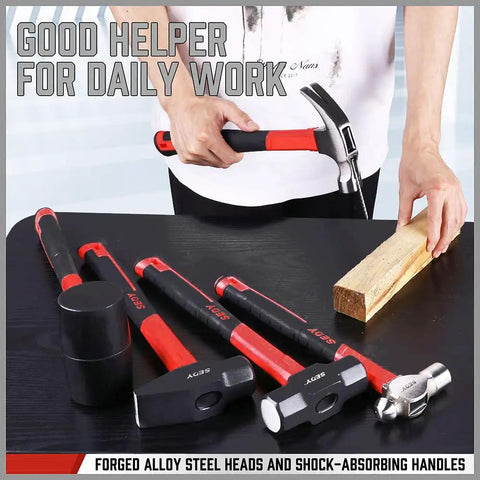 Five Piece Hammer Set For Home Workshop, Includes 24oz Ball Pein Hammer, 22oz Claw Hammer, 32oz Rubber Mallet, displayed on table