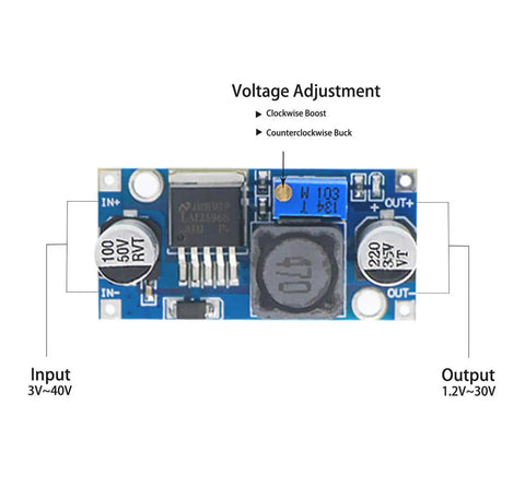 Adjustable DC to DC Buck Converter Module Pack of 10, 3.0 to 40V In, 1.5 to 35V Out with labeled input and output points