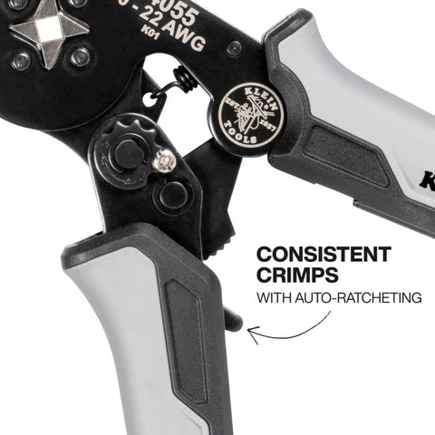 Close-up of Ferrule Crimping Tool With Built In Ratchet For 10 To 22 AWG Wire Terminals, Square Die Crimps For 360 Degree Connections.