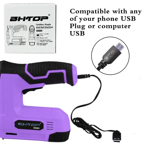 Image of Purple Cordless Staple Gun And Brad Nailer 4V Rechargeable USB Power Includes 1500 Staples And 1500 Brad Nails.