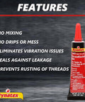 Red High Strength Thread Locker Gel 6ml Tube For Metal Parts Locking Pro Grade Performance With Quick Cure Durable Hold Easy Application Industrial Quality Thread Sealer For Automotive And Machinery Projects shown with features like no mixing and eliminates vibration issues.