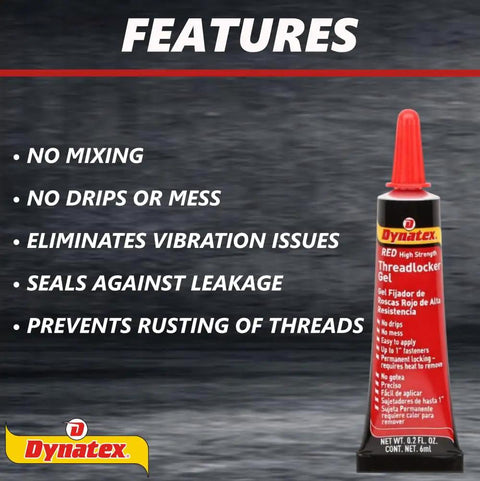 Red High Strength Threadlocker Gel tube with features listed: no mixing, prevents rusting, vibration issue elimination.