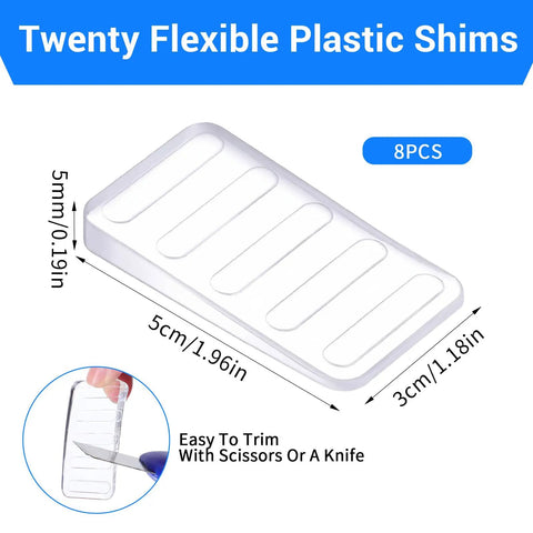 Premium Clear Furniture Leveler Pads 8 Pack Non Slip Rubber Wedges For Uneven Floors Trimmable Table Shims displayed while trimming with scissors.