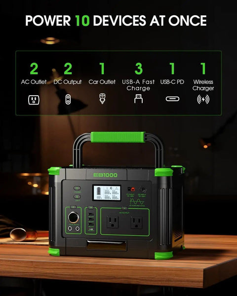 Massive 999Wh Portable Power Station With 1000W Pure Sine Wave AC Output and 2000W Peak, showcasing ten ports
