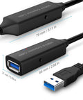32 Foot USB 3.0 Active Extension Cable With 5V 2A Power Adapter And Built In Signal Booster Chips For Xbox One PS4 PC Printer Keyboard Mouse And Other USB 3.0 Gear showing cable connectors and dimensions