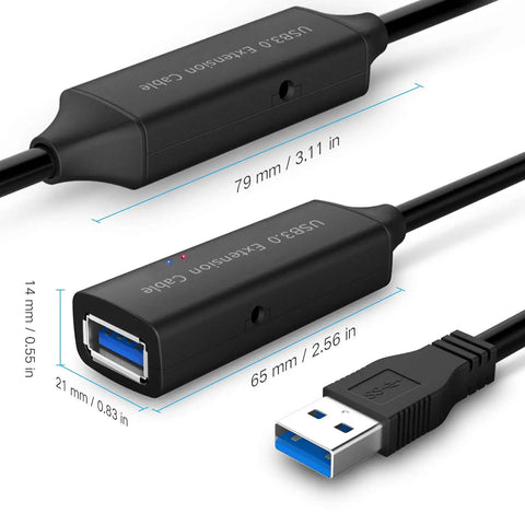 32 Foot USB 3.0 Active Extension Cable With 5V 2A Power Adapter And Built In Signal Booster Chips For Xbox One PS4 PC Printer Keyboard Mouse And Other USB 3.0 Gear showing cable connectors and dimensions