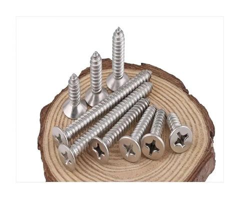 Heavy Duty Stainless Steel Flat Head Tapping Wood Screws Set 60mm Long Countersunk Self Tapping Screws M4 To M8 10 Pieces on wood slice