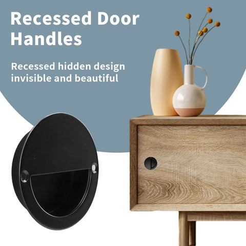Round Hidden Concealed Door Pulls Flush Pocket Door Handles In Stainless Steel Matte Black 50mm Diameter on wooden drawer