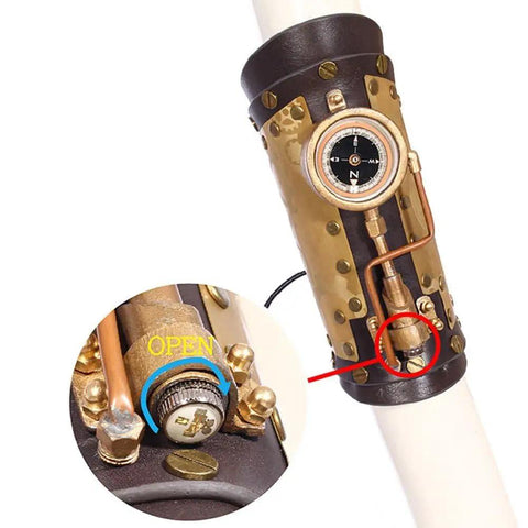 Detail of Badass Steampunk Arm Sleeve Cosplay Anime Accessory featuring mechanical compass, brass gear, and leather design.