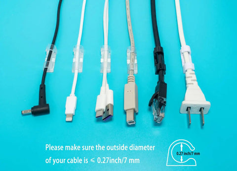 Image showing self-adhesive cable clips organizer for cord management, no-fuss peel-and-stick mount, transparent clips holding various cables up to 0.27 inch diameter, easy install, durable adhesive, pack of 20.