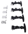 Beefy 4 Piece Elastic Stainless Steel Hood Latch Kit with T Handle Hasp, 14cm, four black latches and metal brackets visible.
