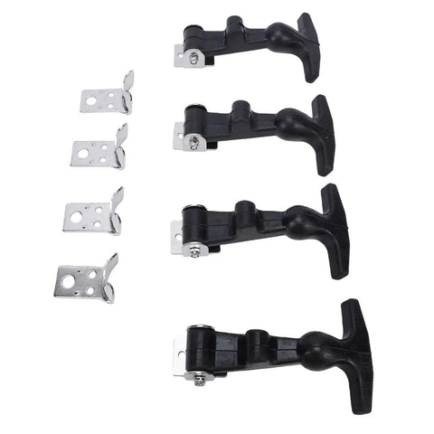 Beefy 4 Piece Elastic Stainless Steel Hood Latch Kit with T Handle Hasp, 14cm, four black latches and metal brackets visible.
