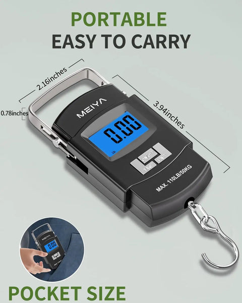 Dope Digital Fishing Scale With Backlit LCD, 110Lb/50Kg Capacity showing dimensions and portable handle design