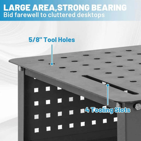 Close-up of 36 By 24 Inch Welding Table With Wheels Mobile Steel Workstation showing tool holes and tooling slots on surface.