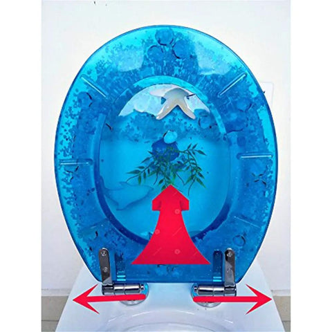 Heavy Duty Resin Toilet Seat With Lid Boasting Vivid 3D Ocean Details And Smooth Shell Motifs Soft Close Bath Accessory shown from above with blue color and ocean graphics.