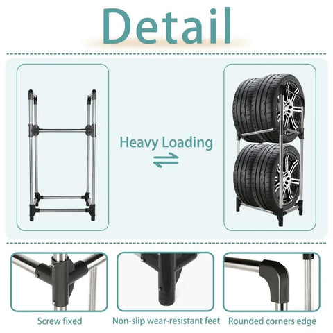 Essential Garage Heavy Duty 4 Tire Storage Rack, Vertical Stand With Space Saving Double Layer Build, Hella Sturdy Steel Frame, Solid Wheel Accessory Organizer Solution