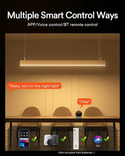 Smart lighting controlled by app, voice, or remote; focus on sleek, modern room with ambient light above table.