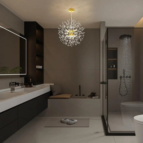 Gold Crystal Sputnik Chandelier Pendant Light 8 Light Firework Dandelion Design in modern bathroom, 40 cm diameter.