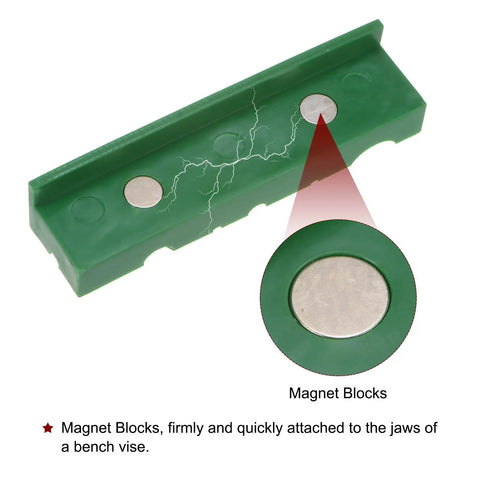 Boss Level Magnetic Vise Jaws 5 Inch Soft Rubber Grip Pads U Groove with magnets installed on workbench jaws.