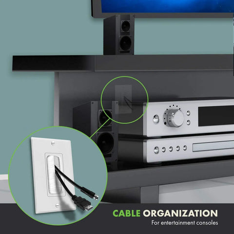 Bristled Brush Wall Plate with Multimedia Pass Through for Low Voltage Cables installed behind entertainment console