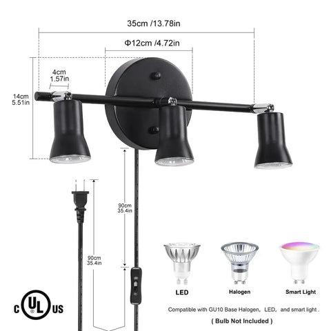 Industrial Track Lighting Kit With Adjustable 3-Light Brass Lamp Holders, rotatable spotlights, dimensions shown