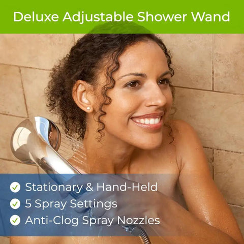 Woman using Premium Shower Filter System With Deluxe Adjustable Wand, 2.5 GPM Flow in bathroom