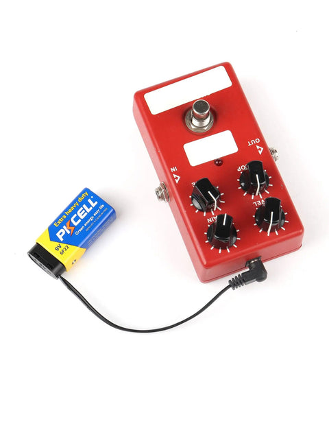 9V Battery Clip Converter Cable For Guitar Effects Pedals With 5.5mm Outer And 2.1mm Inner Plug Negative Center Right Angle Dual Cables 4.4 Inch Length Snap Connector Power Adapter connected to red pedal