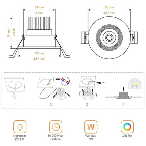 Diagram of 2 Inch LED Recessed Ceiling Light 3W Dimmable Downlight Warm White 3000K With 60 Degree Beam 25 Degree Tilt