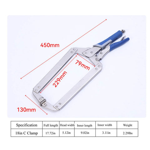18-inch C clamp with blue handles and measurement details, part of Four Piece C Clamp Locking Pliers Set Includes 6.5 Inch, 9 Inch, 11 Inch And 18 Inch Heavy Duty Welding C Clamps For Woodworking, Welding And Pocket Hole Joinery With Forged Carbon Steel Jaws