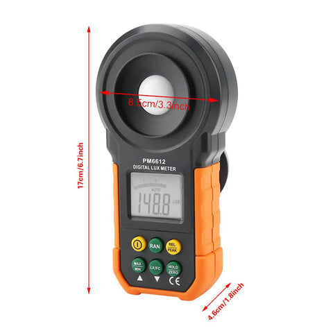 Digital Light Meter Lux Meter PM6612 and PM6612L with 200000 Lux High Range Auto Manual Range Data Hold Min Max Readouts Handheld Photometer Luminometer Workhorse for Lighting Photography Horticulture, front view with dimensions