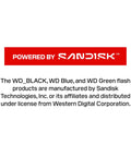 Powered by SanDisk logo with text about WD flash products manufacturing and distribution under Western Digital license.