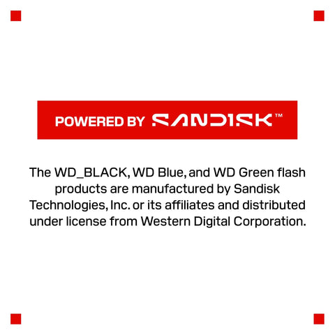 Powered by SanDisk logo with text about WD flash products manufacturing and distribution under Western Digital license.