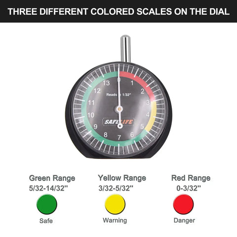 Tire Tread Depth Gauge Dial Type For Motorcycle, Car, Truck And Bus, Easy Reading Tire Gauge In 32nds With Traffic Light Color Zones And 32nd Inch Increments For Quick Pro Grade, Accurate Readings showing dial face with green, yellow, and red ranges