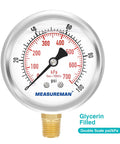 Glycerin Filled Two And A Half Inch Pressure Gauge Kit With Beefy Brass Adapter One Quarter NPT Female Stainless Steel Sheath 0 To 100 Psi Dual Scale KPa For Plumbing HVAC And Gas Lines Heavy Duty Test Tool close-up