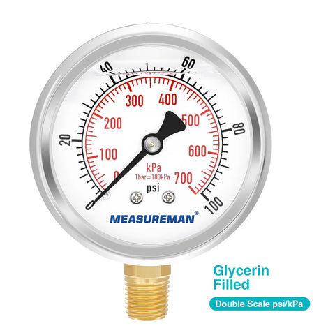 Glycerin Filled Two And A Half Inch Pressure Gauge Kit With Beefy Brass Adapter One Quarter NPT Female Stainless Steel Sheath 0 To 100 Psi Dual Scale KPa For Plumbing HVAC And Gas Lines Heavy Duty Test Tool close-up