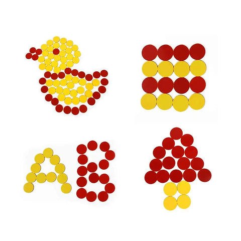 Super Awesome Red And Yellow Counting Blocks Pack Of 200 Hassle Free Math Manipulatives Brilliant Classroom Ready Learning Supplies For Preschool Children Right Now arranged in shapes including a duck and letters.