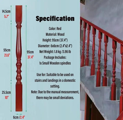 Rock Solid Wooden Stair Spindles For Deck Patio Balcony Porch Indoor Outdoor Railing System Top Shelf Quality With Easy Install 6X6X95Cm Baluster Posts 15 Pack displayed with red wooden spindle specifications.