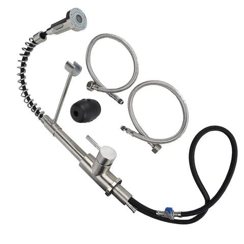 Maqulae 304 Stainless Steel Kitchen Faucet with Rotatable Gooseneck for parts, including hose and faucet handle.