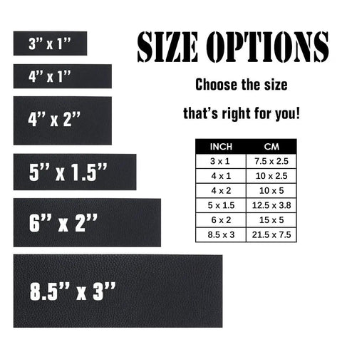 Solid Build Custom Tactical Patches Two Piece Set Personalized Name Hook Loop Tabs size options chart with black fabric.